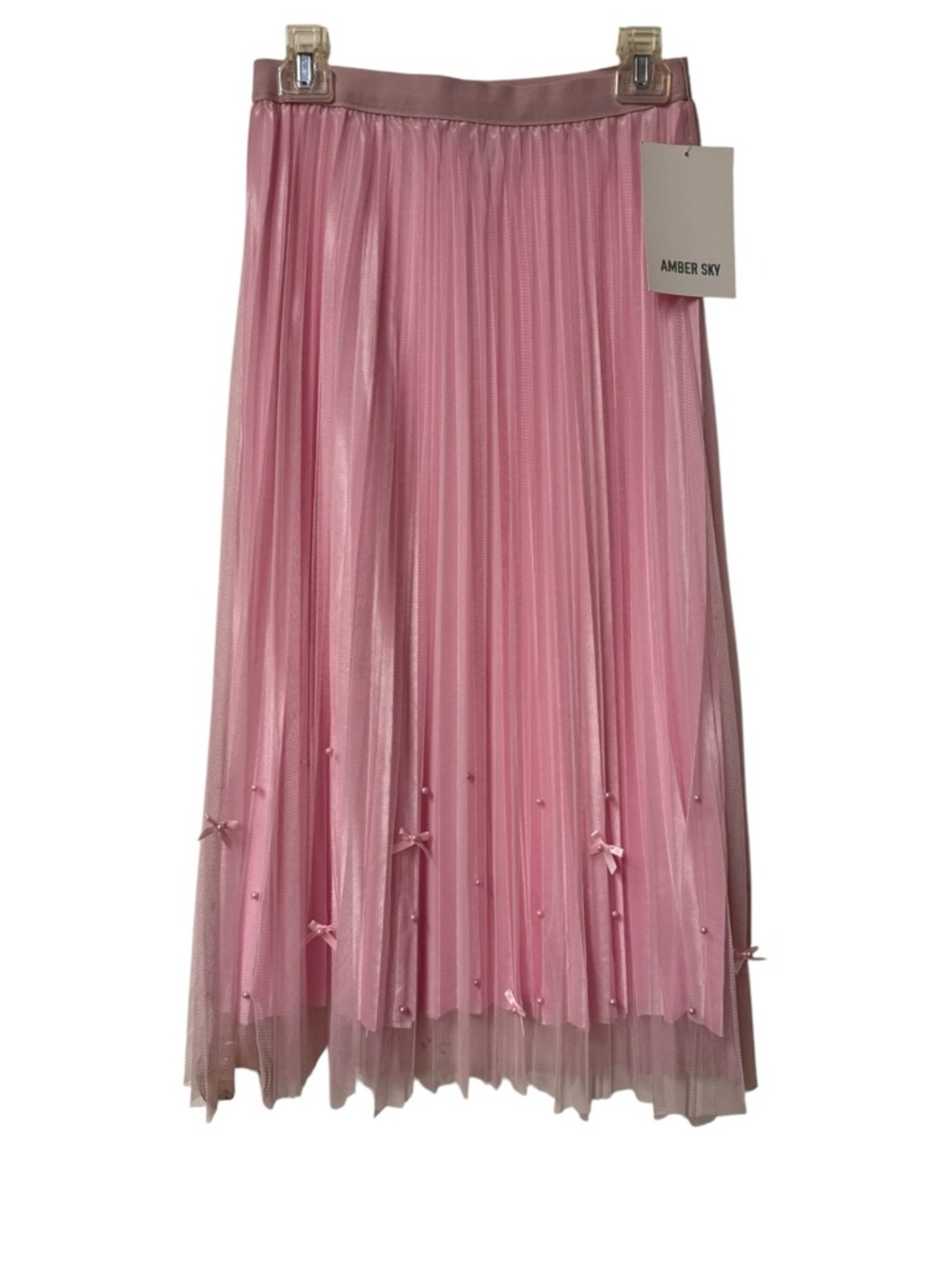NWT Pink Pleated Midi Skirt Bow and Bead Hem Large